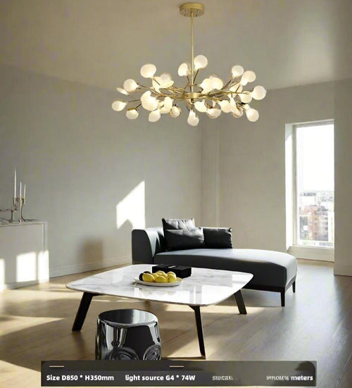 Golden Branch Glass Lollipop Chandelier Lighting with frosted glass shades and warm white bulbs, designed for elegant interior illumination.