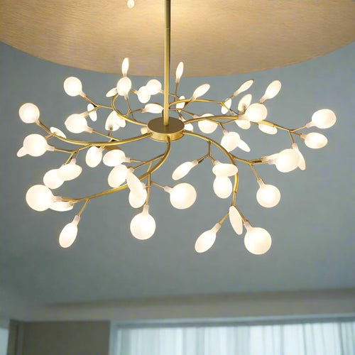Golden Branch Glass Lollipop Chandelier Lighting with frosted glass shades and 45 bulbs, warm white glow, elegant decorative lighting.
