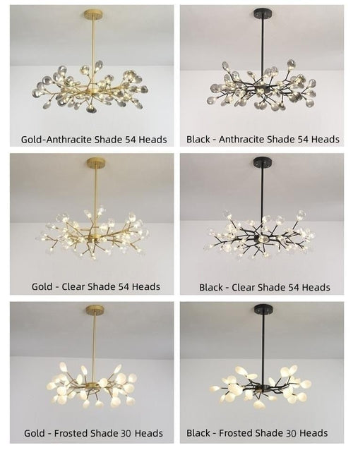 Golden Branch Glass Lollipop Chandelier Lighting with frosted glass shades and warm white bulbs, designed by The Finishing Touch Decor.