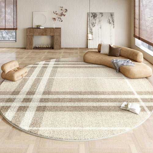 Neutral Plaid Modern Round Plush Area Rug - The Finishing Touch Decor