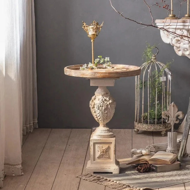 French Country Vintage Round Pedestal Wood Side Table - The Finishing Touch Decor