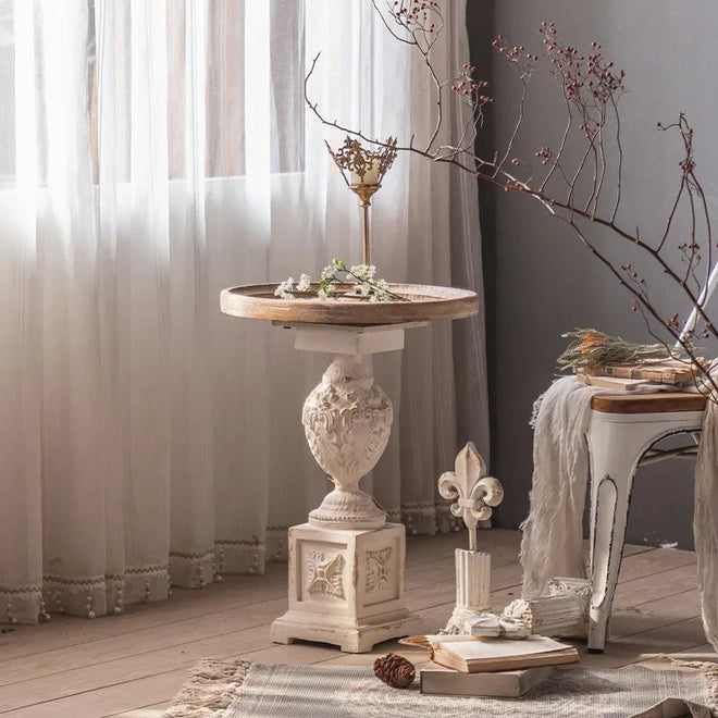 French Country Vintage Round Pedestal Wood Side Table - The Finishing Touch Decor