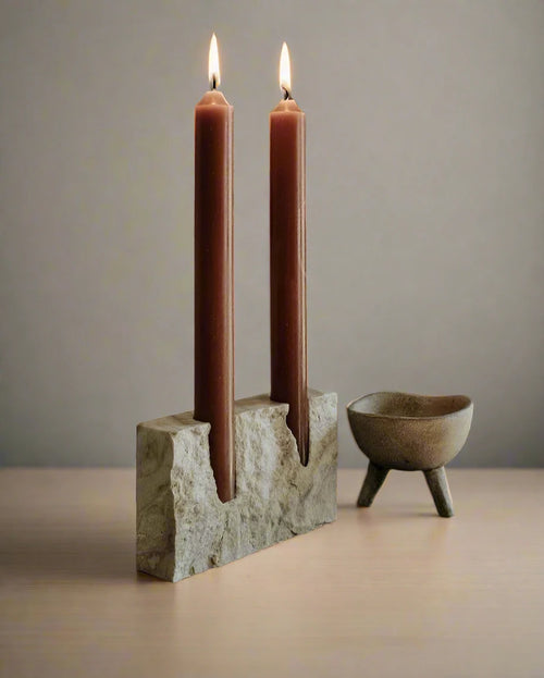 Beige Marble Travertine Stone Wabi Sabi Candlestick Holder - The Finishing Touch Decor