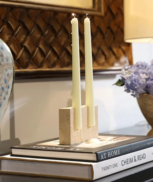 Beige Marble Travertine Stone Wabi Sabi Candlestick Holder - The Finishing Touch Decor