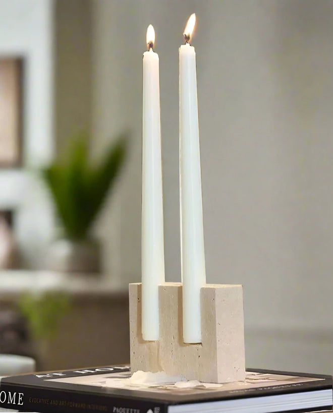 Beige Marble Travertine Stone Wabi Sabi Candlestick Holder - The Finishing Touch Decor