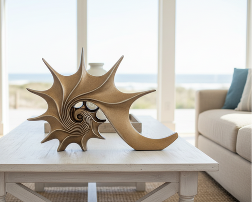 Coastal gold and blue resin conch shell sculptures as elegant table art decor by The Finishing Touch Decor, LLC.