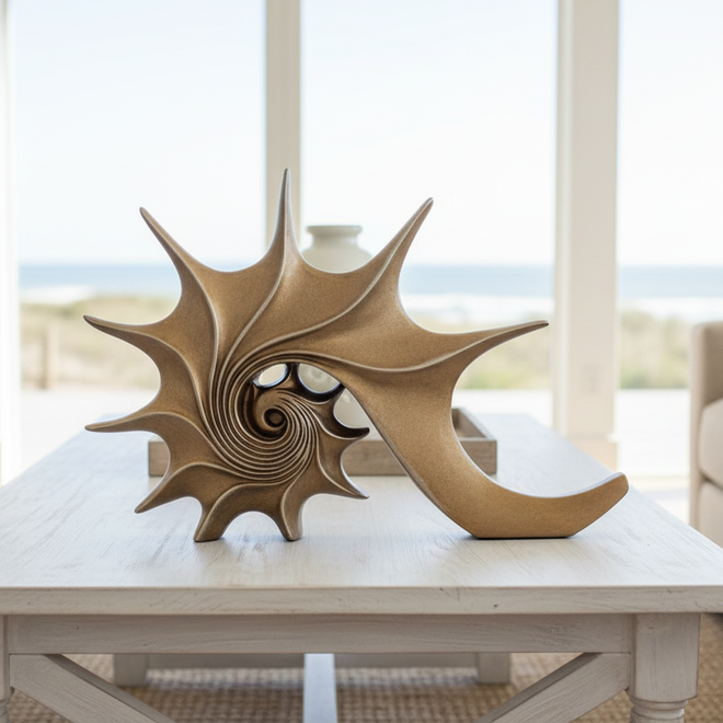 Coastal Gold & Blue Resin Conch Shell Statue