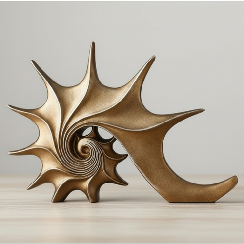 Gold, blue, and bronze resin conch shell sculptures used as coastal table art, featuring intricate shell details.