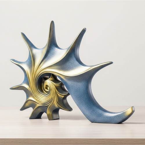 Gold and blue resin conch shell sculptures, coastal-themed table art by The Finishing Touch Decor, LLC.