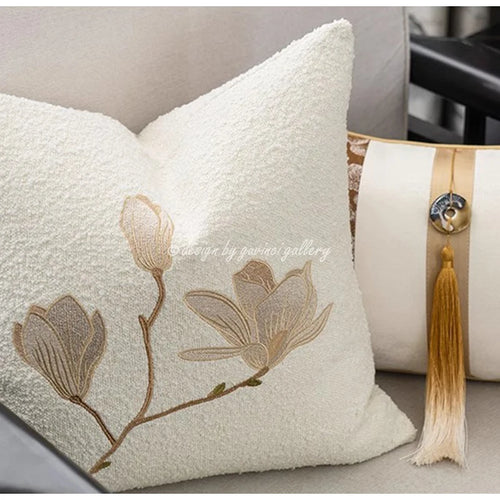 Japandi Asian Style Magnolia Embroidered Throw Pillow Covers - The Finishing Touch Decor