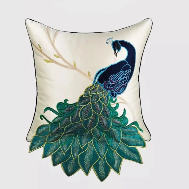Embroidered Gorgeous Peacock Design Throw Pillow Cover - The Finishing Touch Decor