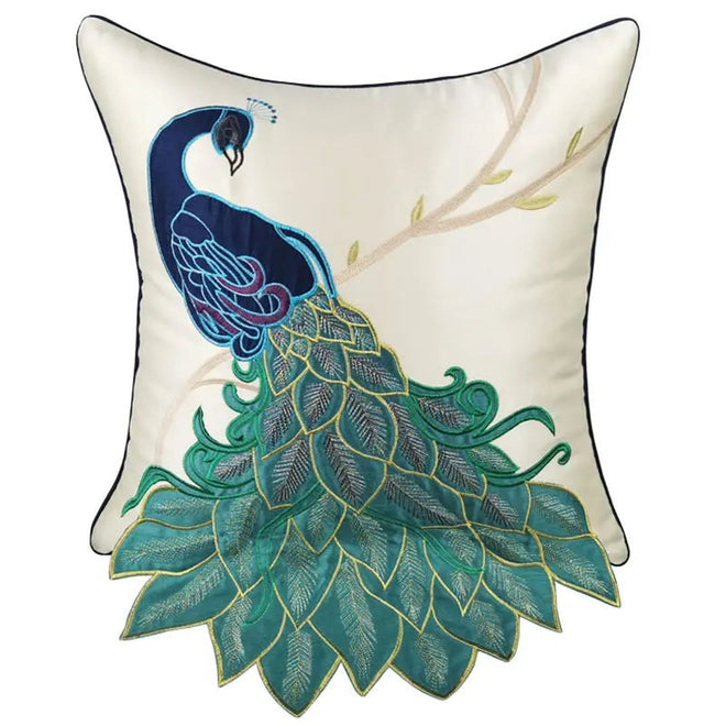 Embroidered Gorgeous Peacock Design Throw Pillow Cover - The Finishing Touch Decor