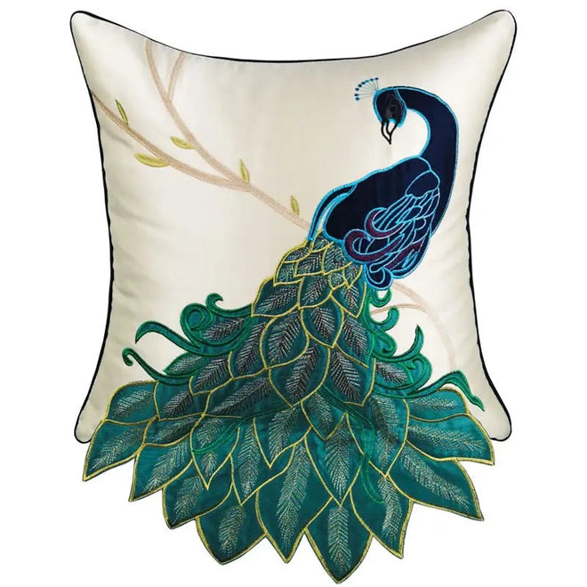 Embroidered Gorgeous Peacock Design Throw Pillow Cover - The Finishing Touch Decor