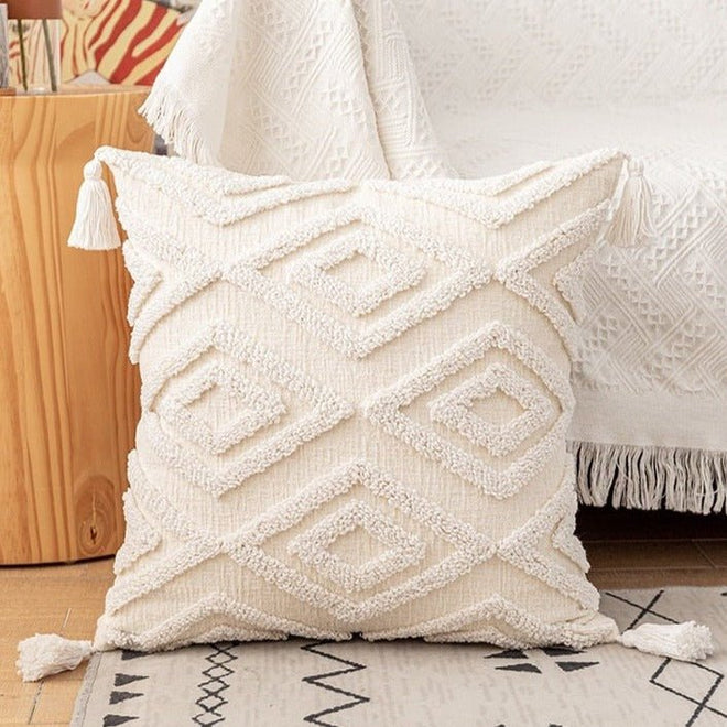 Neutral Ivory Linen Tufted Shams Geometric Pattern Nordic Throw Pillow Covers - The Finishing Touch Decor