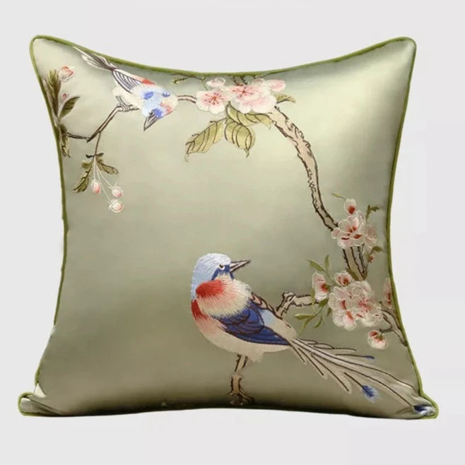Cherry Blossom & Bird Embroidered Satin Throw Pillow Cushion Covers - The Finishing Touch Decor
