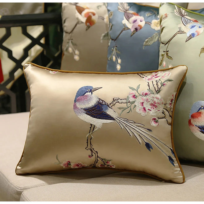Cherry Blossom & Bird Embroidered Satin Throw Pillow Cushion Covers - The Finishing Touch Decor