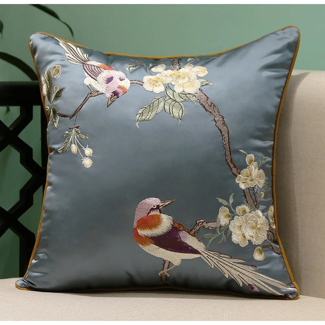 Cherry Blossom & Bird Embroidered Satin Throw Pillow Cushion Covers - The Finishing Touch Decor