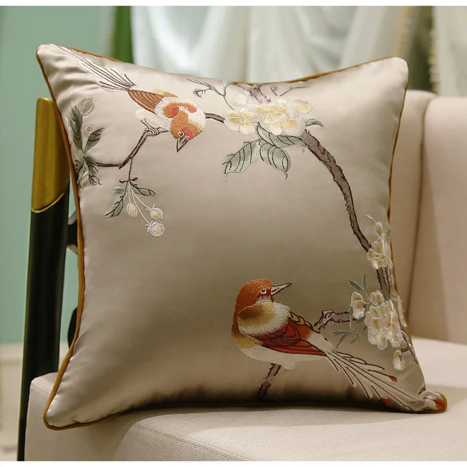 Cherry Blossom & Bird Embroidered Satin Throw Pillow Cushion Covers - The Finishing Touch Decor