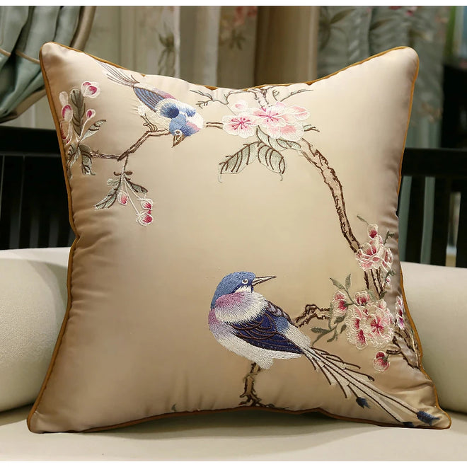 Cherry Blossom & Bird Embroidered Satin Throw Pillow Cushion Covers - The Finishing Touch Decor