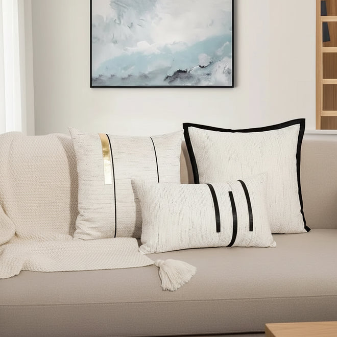 Ivory, black, and gold striped throw pillow cover by The Finishing Touch Decor, LLC, featuring modern jacquard design.