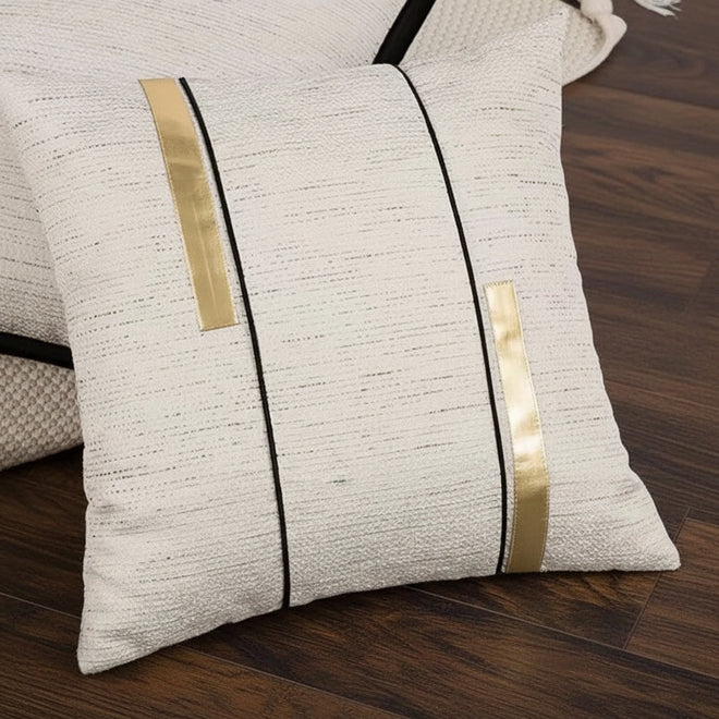 Ivory, black, and gold striped throw pillow cover by The Finishing Touch Decor, LLC, featuring modern jacquard design.