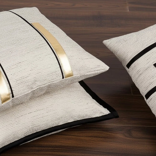 Ivory, black, and gold striped throw pillow covers by The Finishing Touch Decor, LLC, featuring modern jacquard design for stylish home decor.