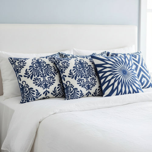 Saphire blue embroidered geometric floral canvas cotton square throw pillow cover, 45x45cm, from The Finishing Touch Decor.