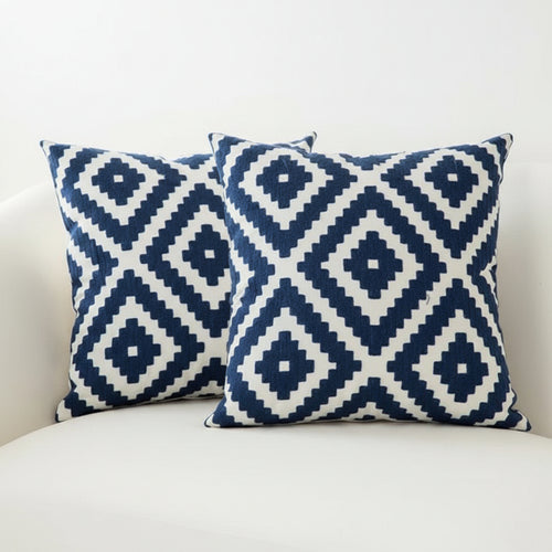 Sapphire blue embroidered geometric floral cotton square throw pillow cover, 45x45cm, with detailed floral and geometric embroidery.