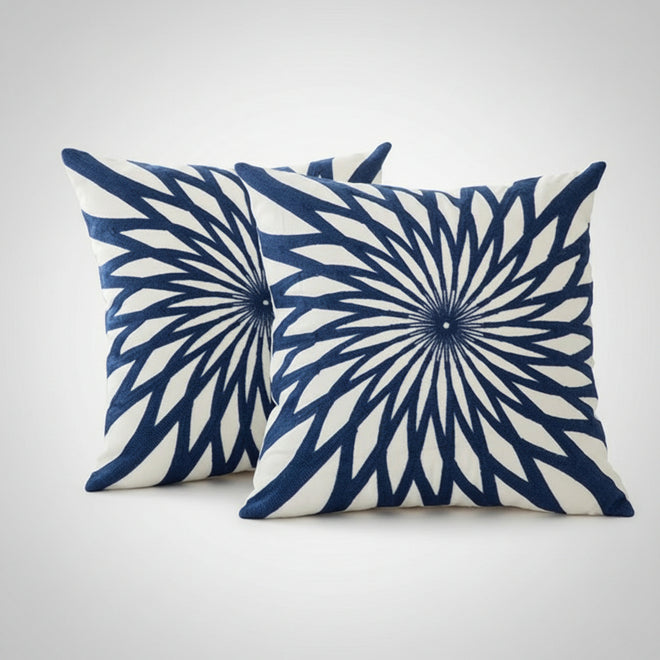 Saphire blue embroidered geometric floral canvas cotton square throw pillow cover, 45x45cm, with intricate floral embroidery and cotton texture.