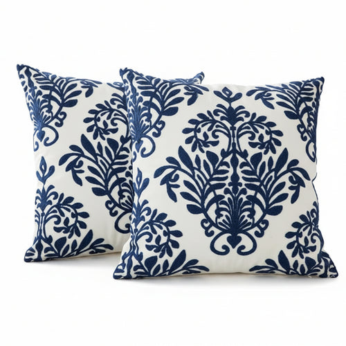 Saphire blue embroidered floral geometric canvas cotton square throw pillow cover, 45x45cm, by The Finishing Touch Decor, LLC.