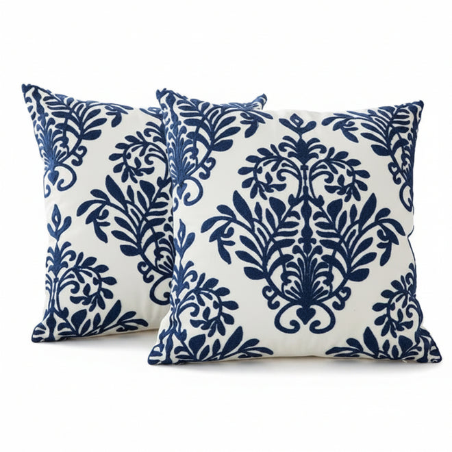 Saphire blue embroidered floral geometric canvas cotton square throw pillow cover, 45x45cm, by The Finishing Touch Decor, LLC.