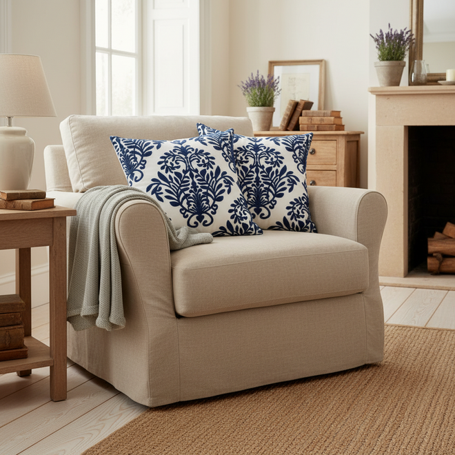 Housse de coussin carrée en coton, toile florale géométrique brodée bleu saphir, 45x45cm 