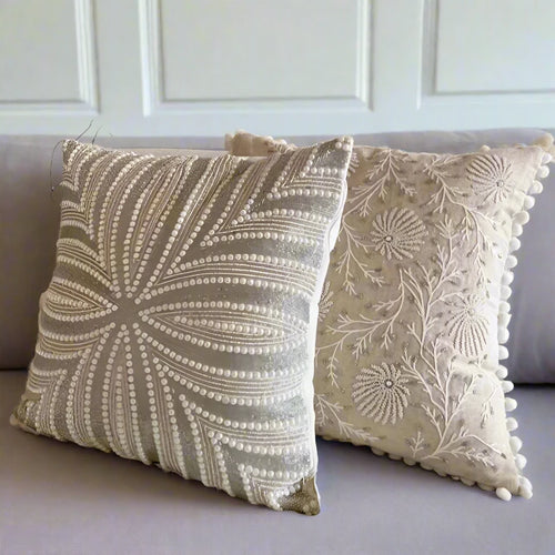 Hand-Stitched Beaded Beige Throw Pillow Covers - The Finishing Touch Decor