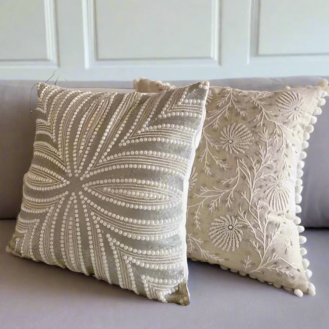 Hand-Stitched Beaded Beige Throw Pillow Covers - The Finishing Touch Decor