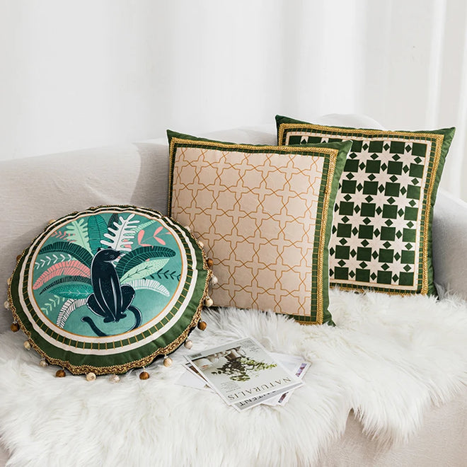 Green Leaves Print Velvety Luxury Throw Pillow Covers - The Finishing Touch Decor