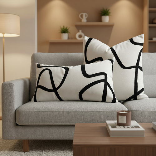Housse de coussin en toile de coton blanc, motif abstrait dramatique, rayures noires, daim, blanc