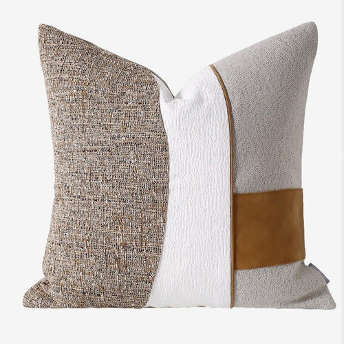 Brown & White Canvas Scandi Tan Leather Striped Throw Pillow Covers - The Finishing Touch Decor
