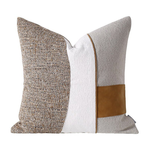 Brown & White Canvas Scandi Tan Leather Striped Throw Pillow Covers - The Finishing Touch Decor