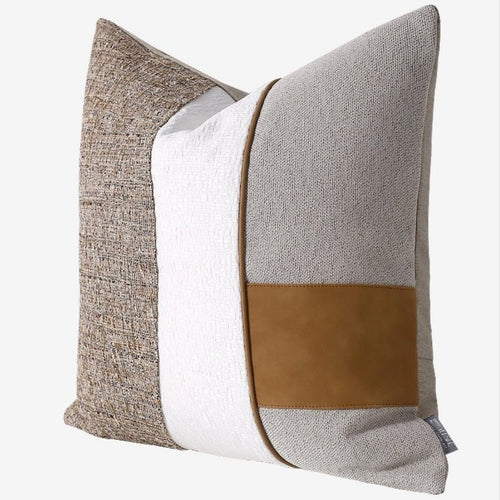 Brown & White Canvas Scandi Tan Leather Striped Throw Pillow Covers - The Finishing Touch Decor