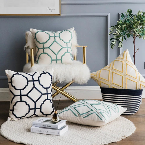 Embroidered linen throw pillow cover with quatrefoil pattern, decorative accent for sofa or bed by The Finishing Touch Decor, LLC