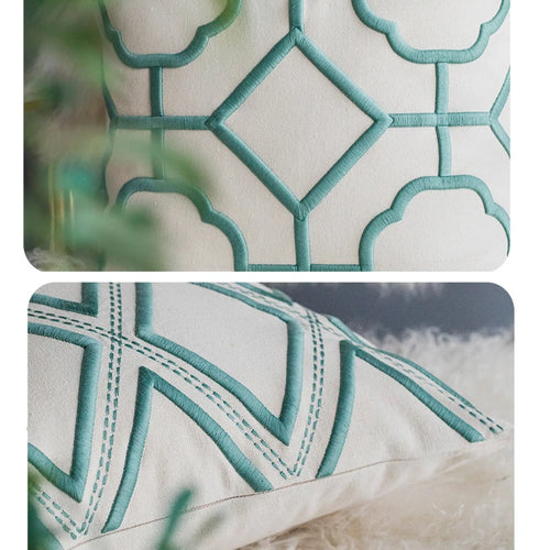 Embroidered linen throw pillow covers with a quatrefoil pattern from The Finishing Touch Decor, LLC, showcasing elegant home decor.