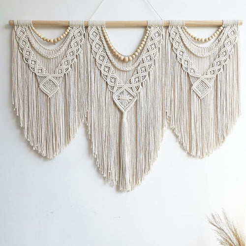 Draped Macrame Handwoven Bohemian Cotton Tapestry - Includes Stick - The Finishing Touch Decor
