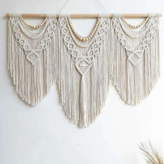 Draped Macrame Handwoven Bohemian Cotton Tapestry - Includes Stick - The Finishing Touch Decor