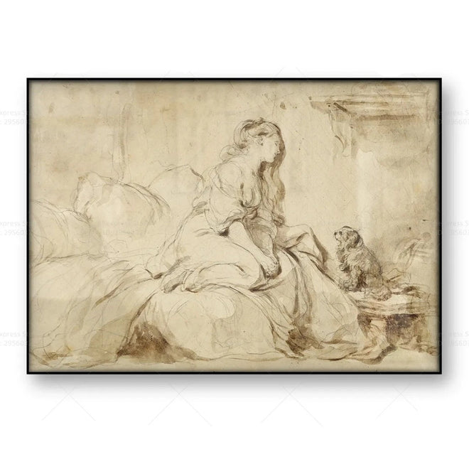 French Vintage "Woman with Faithful Dog" Canvas Print Wall Art - The Finishing Touch Decor
