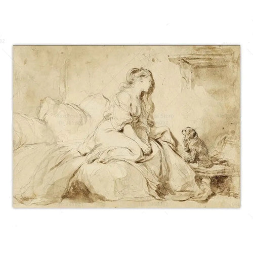 French Vintage "Woman with Faithful Dog" Canvas Print Wall Art - The Finishing Touch Decor