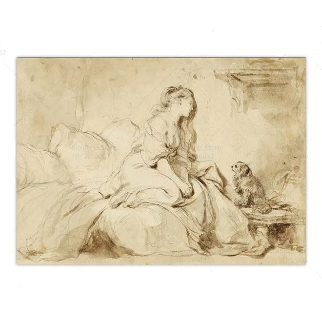 French Vintage "Woman with Faithful Dog" Canvas Print Wall Art - The Finishing Touch Decor