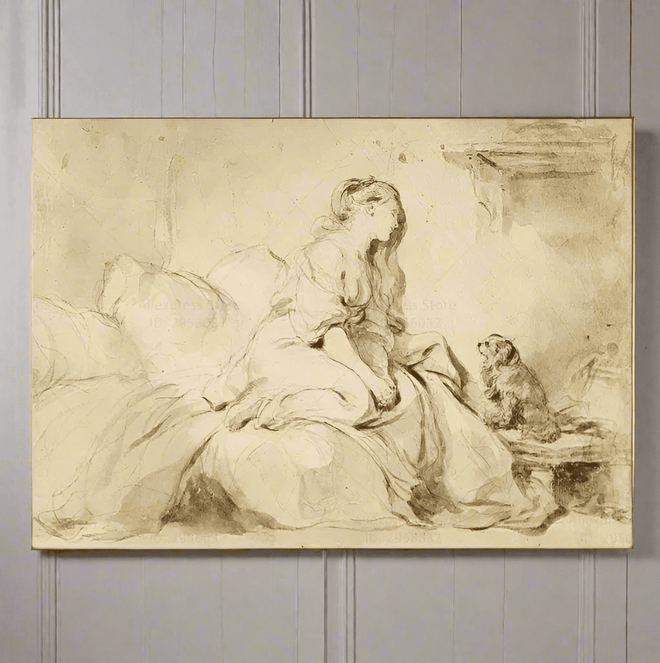 French Vintage "Woman with Faithful Dog" Canvas Print Wall Art - The Finishing Touch Decor