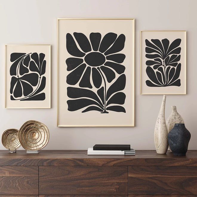 Matching Black Abstract Floral Nordic Wall Art Canvas Prints - The Finishing Touch Decor