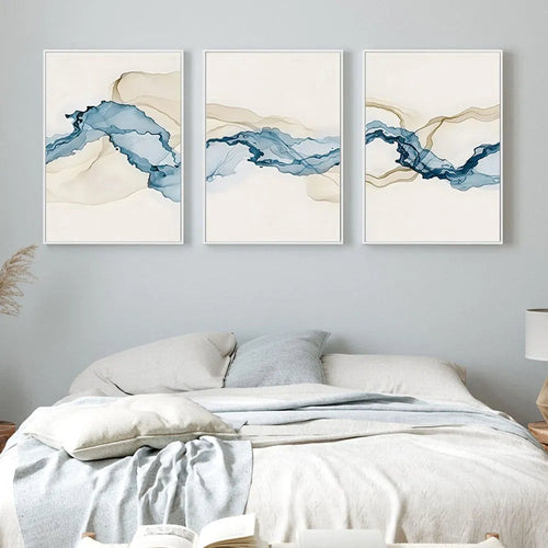Sandy Beige & Blue Modern Cotton Canvas Painting Prints - The Finishing Touch Decor