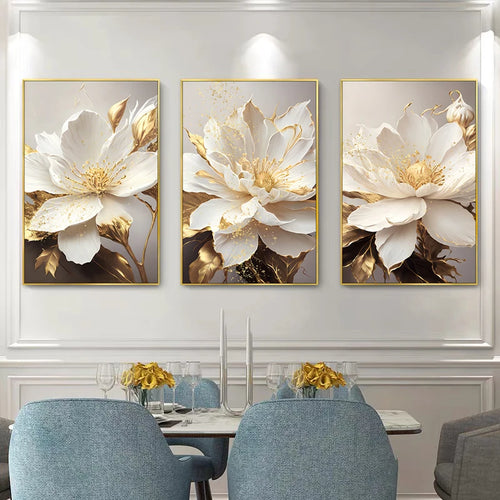 Lifelike Gold Leaf White Blooming Flowers Canvas Art - The Finishing Touch Decor
